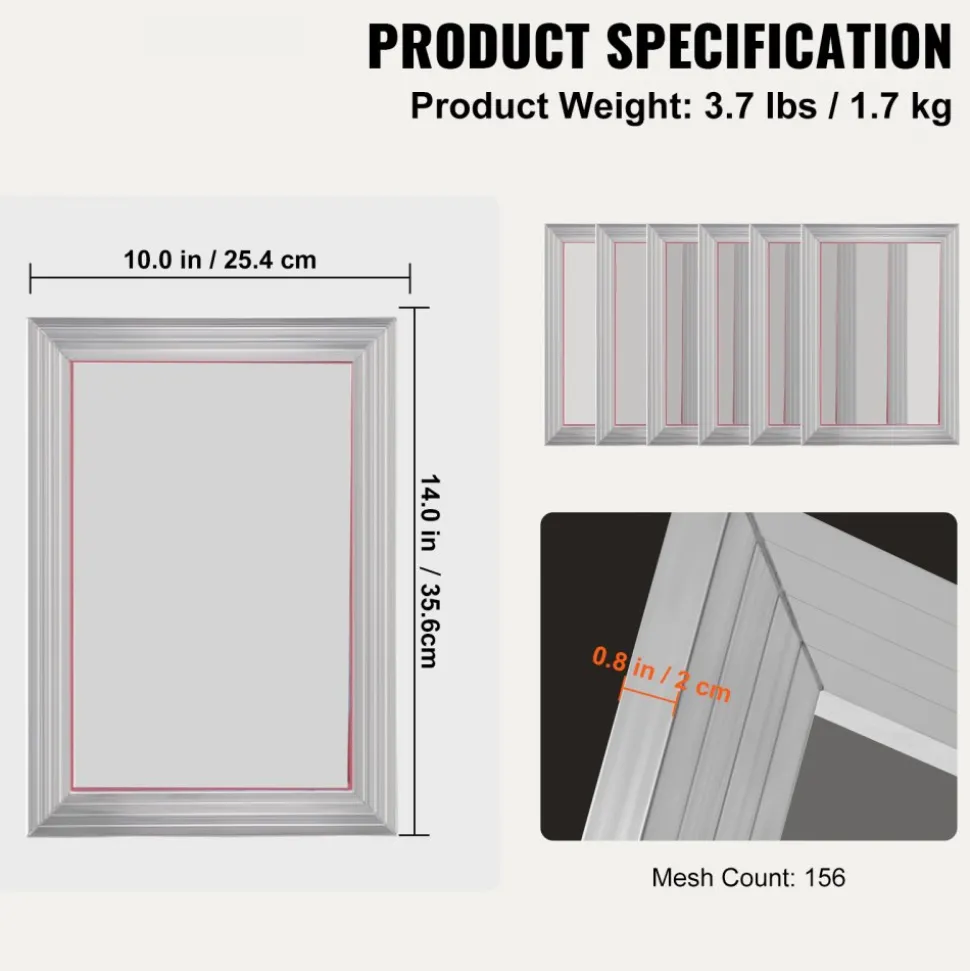 VEVOR Screen Printing Kit, 6 Pieces Aluminum Silk Screen Printing Frames, 10x14inch Silk Screen Printing Frame with 156 Count Mesh, High Tension Nylon Mesh and Sealing Tape for T-shirts DIY Printing
