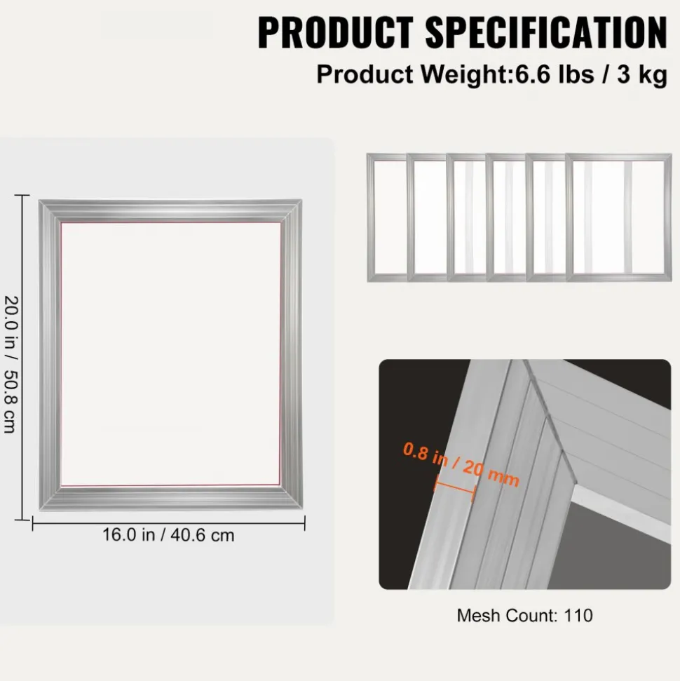 VEVOR Screen Printing Kit, 6 Pieces Aluminum Silk Screen Printing Frames, 16x20inch Silk Screen Printing Frame with 110 Count Mesh, High Tension Nylon Mesh and Sealing Tape for T-shirts DIY Printing