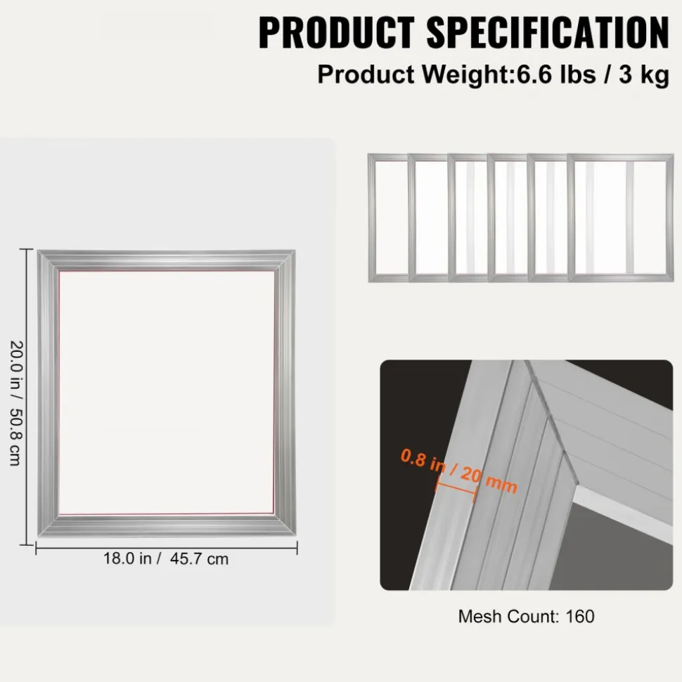 VEVOR Screen Printing Kit, 6 Pieces Aluminum Silk Screen Printing Frames, 18x20inch Silk Screen Printing Frame with 160 Count Mesh, High Tension Nylon Mesh and Sealing Tape for T-shirts DIY Printing
