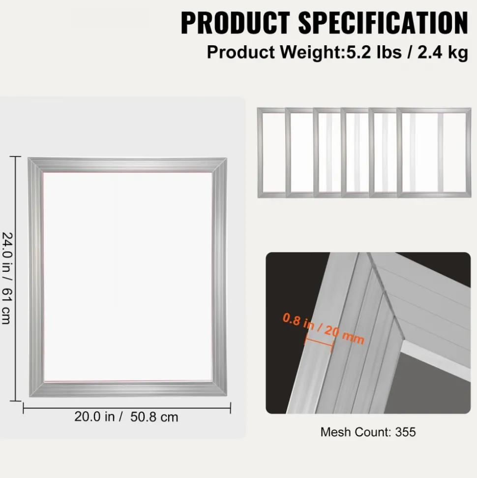 VEVOR Screen Printing Kit, 4 Pieces Aluminum Silk Screen Printing Frames, 20x24inch Silk Screen Printing Frame with 355 Count Mesh, High Tension Nylon Mesh and Sealing Tape for T-shirts DIY Printing