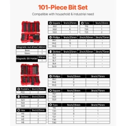 VEVOR Screwdriver Bit Set, 101-Piece, Magnetic Phillips, Pozidriv, Slotted, Square, Torx, Hex Bits, Hex Nut Sockets, Extension Rod with Storage Case, High-Strength S2 Alloy Steel, Blackened Finish