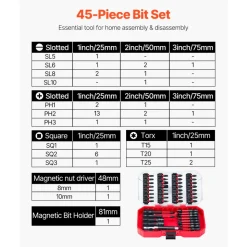 VEVOR Screwdriver Bit Set, 45-Piece, Magnetic Phillips, Slotted, Square, Torx Bit, Hex Nut Sockets, Extension Rod with Transparent Storage Case, High-Strength S2 Alloy Steel, Blackened Finish