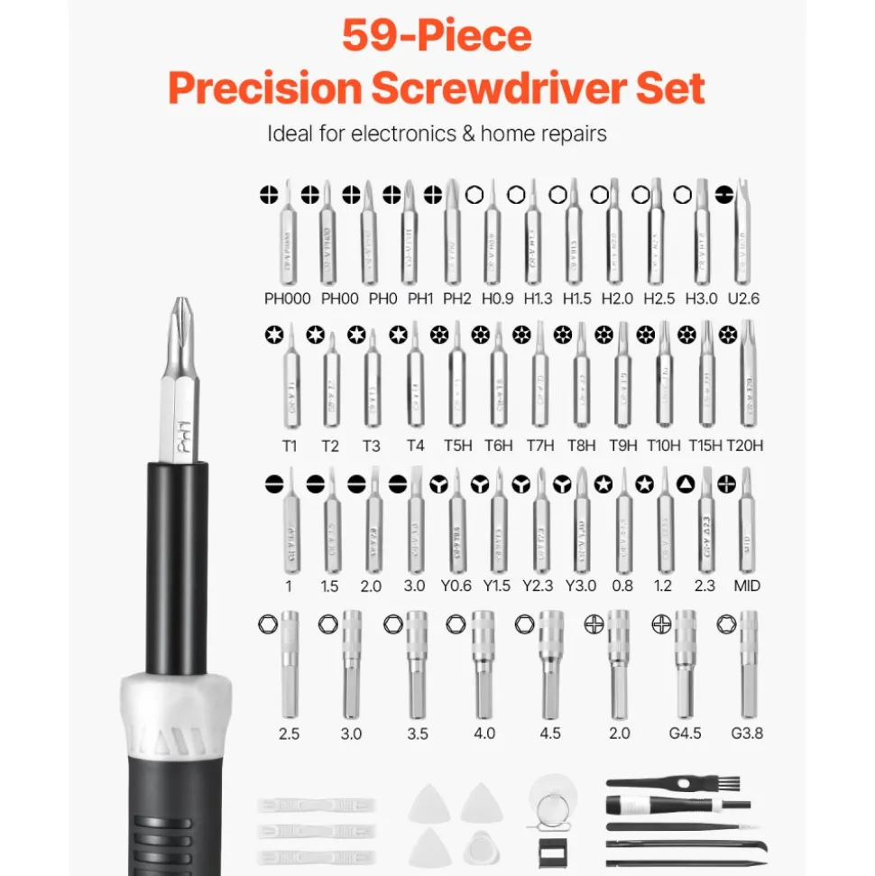 VEVOR Screwdriver Set, 59-Piece Small Precision Screwdriver Set with Phillips, Flat Head, Torx, Pentalobe Bits, Tweezer for Men, Mini Cleaning Repair Tool Kit for iPhone, MacBook, Laptop, Computer
