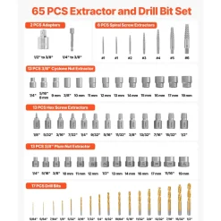 VEVOR Screw Extractor Set with Drill Bits, 65 Pieces, Easy Out Nut Bolt Extractors and Drill Bits, with Adapters, Solid Storage Case, Cr-Mo Steel for Removing Rounded, Broken, or Stripped Fasteners