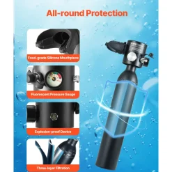 VEVOR Scuba Tank, 0.5L Portable Diving Tank with Pump, Diving Oxygen Cylinder Supports 5-10 Minutes Underwater Breathing, 98.43 ft Diving Depth, Refillable Snorkel Air Tank for Underwater Exploration