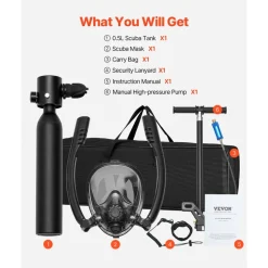 VEVOR Scuba Tank, 0.5L Portable Diving Tank, Diving Oxygen Cylinder Support 5-10 Minutes Underwater Breathing, 32.81 ft Diving Depth, Refillable Snorkel Air Tank with Pump for Underwater Exploration