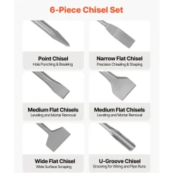 VEVOR SDS Plus Chisel Set, 6pcs SDS Plus Rotary Hammer Drill Attachments, Includes Point, Flat, & U-Groove Chisels, Heat Treated 40Cr Alloy Steel, Sharp Edge for Demolition, Concrete and Brick