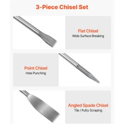 VEVOR SDS Plus Chisel Set, 3 pcs SDS Plus Rotary Hammer Drill Attachments, Includes Point, Flat, & Angled Spade Chisels, Heat Treated 40Cr Alloy Steel, Sharp Edge for Demolition, Concrete and Brick