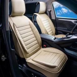 VEVOR Seat Covers, Universal Car Seat Covers Front Seats, 2pcs Faux Leather Seat Cover, Semi-enclosed Design, Detachable Headrest and Airbag Compatible, for Most Cars SUVs and Trucks Beige