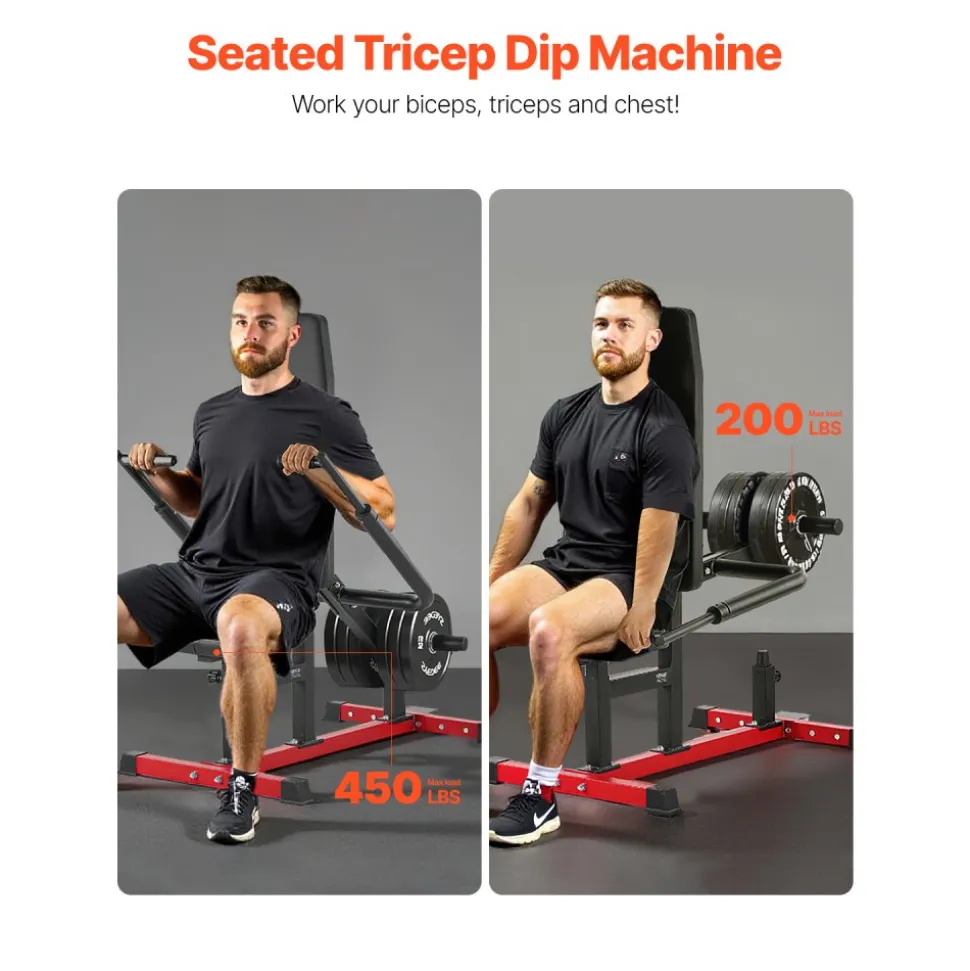 VEVOR Seated Dip Machine, Tricep Bicep Press Down Machine with Cable Bar, Adjustable Seat, and Backrest, Exercise Equipment for Chest Training, Upper Body Push Fitness Workout, Hold up to 450LBS
