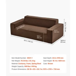 VEVOR 3-Seater Sofa in a Box, 83-Inch No Assembly Corduroy Couch with Memory Foam, Deep Seats for Living Room, Apartment, or Office, Brown
