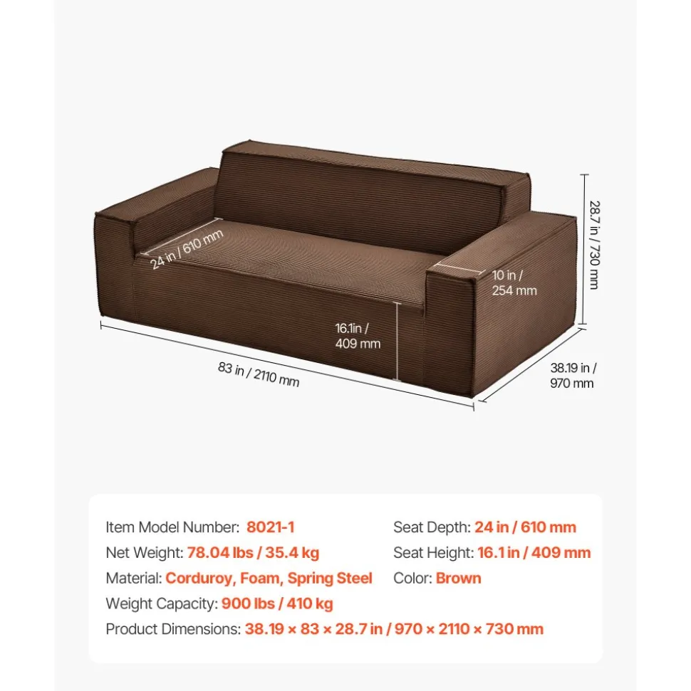 VEVOR 3-Seater Sofa in a Box, 83-Inch No Assembly Corduroy Couch with Memory Foam, Deep Seats for Living Room, Apartment, or Office, Brown
