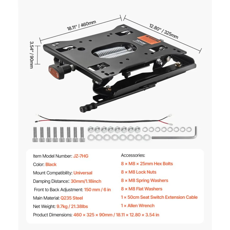 VEVOR Seat Suspension Kit with Seat Slider Track, Universal Air Ride Seat Suspension for Zero Turn Lawn Mower, 6in Front-to-Back Adjustable, Tractor Seat Suspension Kit for Forklift, Bulldozers