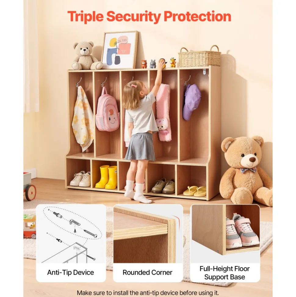 VEVOR 5-Section Kids Coat Locker, Wooden Toddler Cubby Storage Organizer with 10 Hooks & Non-Slip Mat, Modern Kid Coat Cubbies with 5 Small Open Storage Boxes for Home, Kindergarten, Daycare, Natural