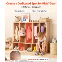 VEVOR 5-Section Kids Coat Locker, Wooden Toddler Cubby Storage Organizer with 10 Hooks & Non-Slip Mat, Modern Kid Coat Cubbies with 5 Small Open Storage Boxes for Home, Kindergarten, Daycare, Natural