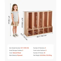 VEVOR 5-Section Kids Coat Locker, Wooden Toddler Cubby Storage Organizer with 10 Hooks & Non-Slip Mat, Modern Kid Coat Cubbies with 5 Small Open Storage Boxes for Home, Kindergarten, Daycare, Natural
