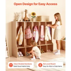 VEVOR 5-Section Kids Coat Locker, Wooden Toddler Cubby Storage Organizer with 10 Hooks & Non-Slip Mat, Modern Kid Coat Cubbies with 5 Small Open Storage Boxes for Home, Kindergarten, Daycare, Natural