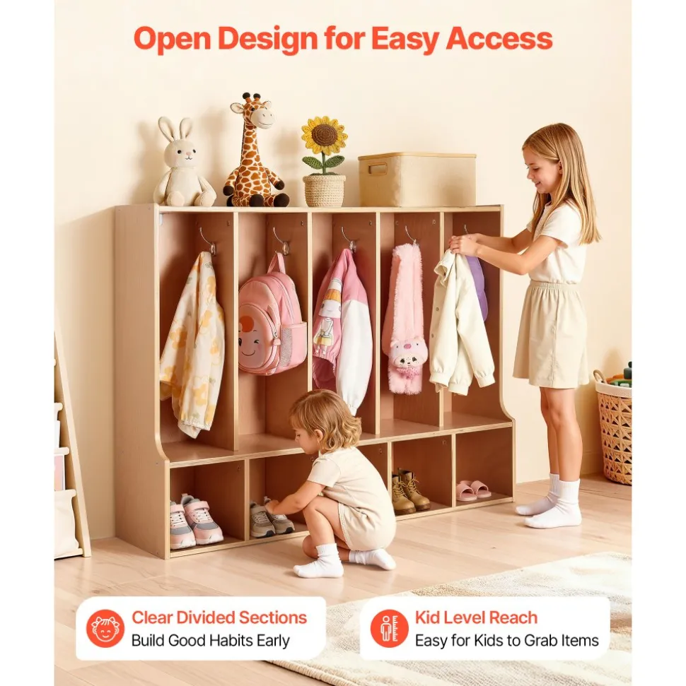 VEVOR 5-Section Kids Coat Locker, Wooden Toddler Cubby Storage Organizer with 10 Hooks & Non-Slip Mat, Modern Kid Coat Cubbies with 5 Small Open Storage Boxes for Home, Kindergarten, Daycare, Natural