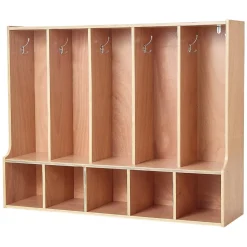 VEVOR 5-Section Kids Coat Locker, Wooden Toddler Cubby Storage Organizer with 10 Hooks & Non-Slip Mat, Modern Kid Coat Cubbies with 5 Small Open Storage Boxes for Home, Kindergarten, Daycare, Natural