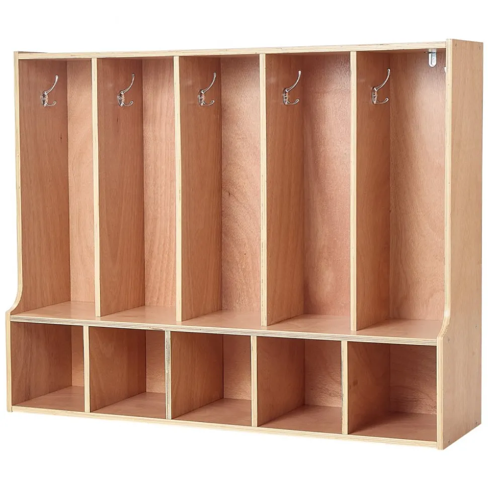 VEVOR 5-Section Kids Coat Locker, Wooden Toddler Cubby Storage Organizer with 10 Hooks & Non-Slip Mat, Modern Kid Coat Cubbies with 5 Small Open Storage Boxes for Home, Kindergarten, Daycare, Natural