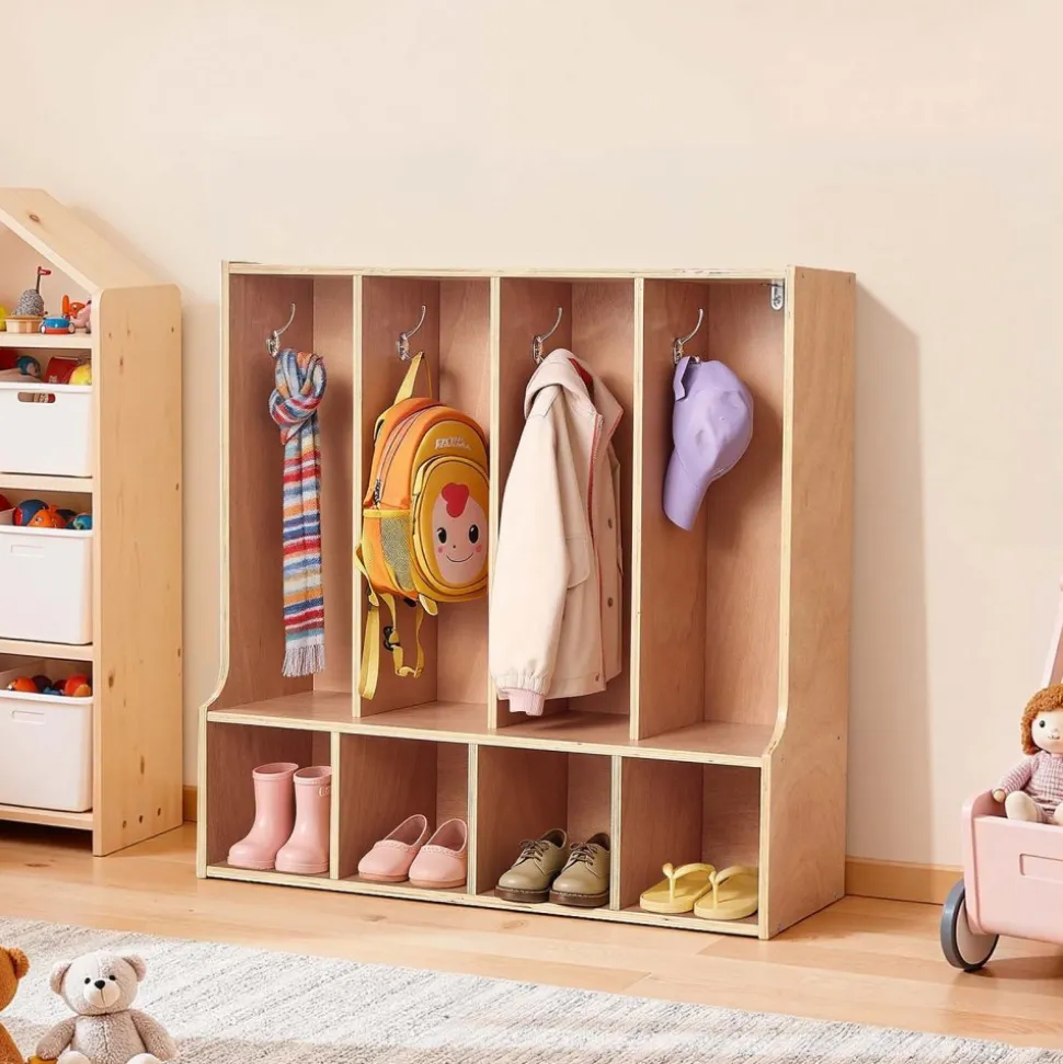 VEVOR 4-Section Kids Coat Locker, Wooden Toddler Cubby Storage Organizer with 8 Hooks & Non-Slip Mat, Modern Kid Coat Cubbies with 4 Small Open Storage Boxes for Home, Kindergarten, Daycare, Natural