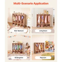 VEVOR 4-Section Kids Coat Locker, Wooden Toddler Cubby Storage Organizer with 8 Hooks & Non-Slip Mat, Modern Kid Coat Cubbies with 4 Small Open Storage Boxes for Home, Kindergarten, Daycare, Natural