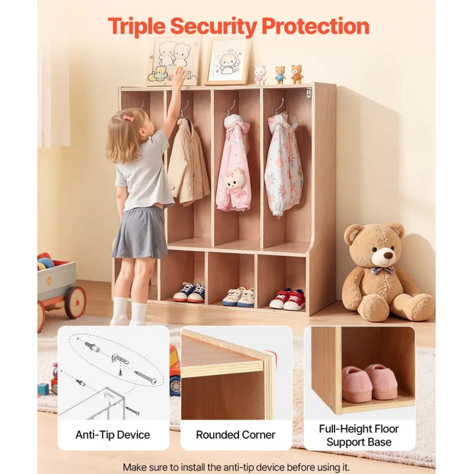 VEVOR 4-Section Kids Coat Locker, Wooden Toddler Cubby Storage Organizer with 8 Hooks & Non-Slip Mat, Modern Kid Coat Cubbies with 4 Small Open Storage Boxes for Home, Kindergarten, Daycare, Natural