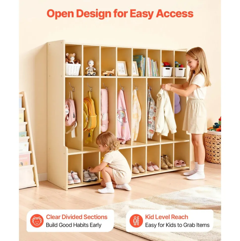 VEVOR 2-Section Kids Coat Locker, Wooden Toddler Cubby Storage Organizer with 4 Hooks & Anti-Tip Kit, Modern Kid Coat Cubbies with 4 Small Open Storage Boxes for Home, Kindergarten, Daycare, Natural