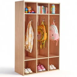 VEVOR 3-Section Kids Coat Locker, Wooden Toddler Cubby Storage Organizer with 6 Hooks & Non-Slip Mat, Modern Kid Coat Cubbies with 6 Small Open Storage Boxes for Home, Kindergarten, Daycare, Natural