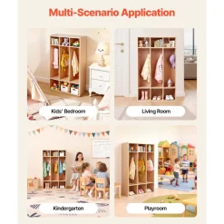 VEVOR 3-Section Kids Coat Locker, Wooden Toddler Cubby Storage Organizer with 6 Hooks & Non-Slip Mat, Modern Kid Coat Cubbies with 6 Small Open Storage Boxes for Home, Kindergarten, Daycare, Natural
