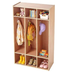 VEVOR 3-Section Kids Coat Locker, Wooden Toddler Cubby Storage Organizer with 6 Hooks & Non-Slip Mat, Modern Kid Coat Cubbies with 6 Small Open Storage Boxes for Home, Kindergarten, Daycare, Natural