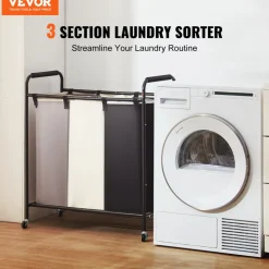 VEVOR 3-Section Laundry Basket, Heavy Duty Laundry Hamper Storage Organizer, Laundry Sorter Cart with Heavy Duty Lockable Wheels for Dirty Clothes in Laundry Room Bedroom