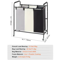 VEVOR 3-Section Laundry Basket, Heavy Duty Laundry Hamper Storage Organizer, Laundry Sorter Cart with Heavy Duty Lockable Wheels for Dirty Clothes in Laundry Room Bedroom