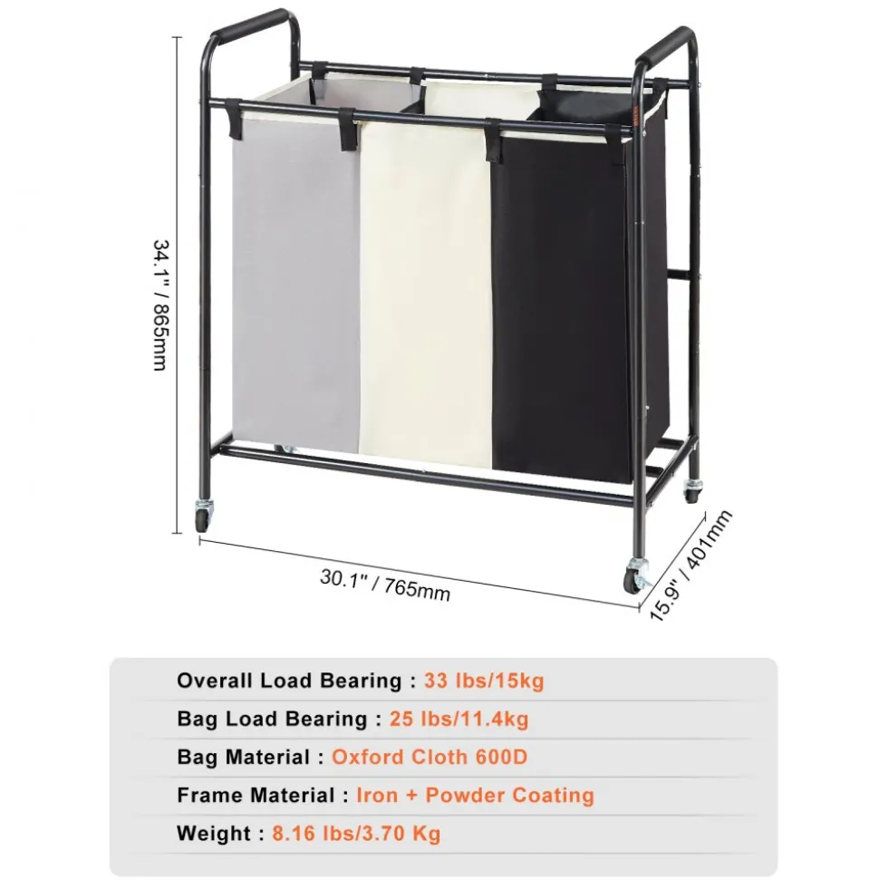VEVOR 3-Section Laundry Basket, Heavy Duty Laundry Hamper Storage Organizer, Laundry Sorter Cart with Heavy Duty Lockable Wheels for Dirty Clothes in Laundry Room Bedroom