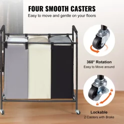 VEVOR 3-Section Laundry Basket, Heavy Duty Laundry Hamper Storage Organizer, Laundry Sorter Cart with Heavy Duty Lockable Wheels for Dirty Clothes in Laundry Room Bedroom