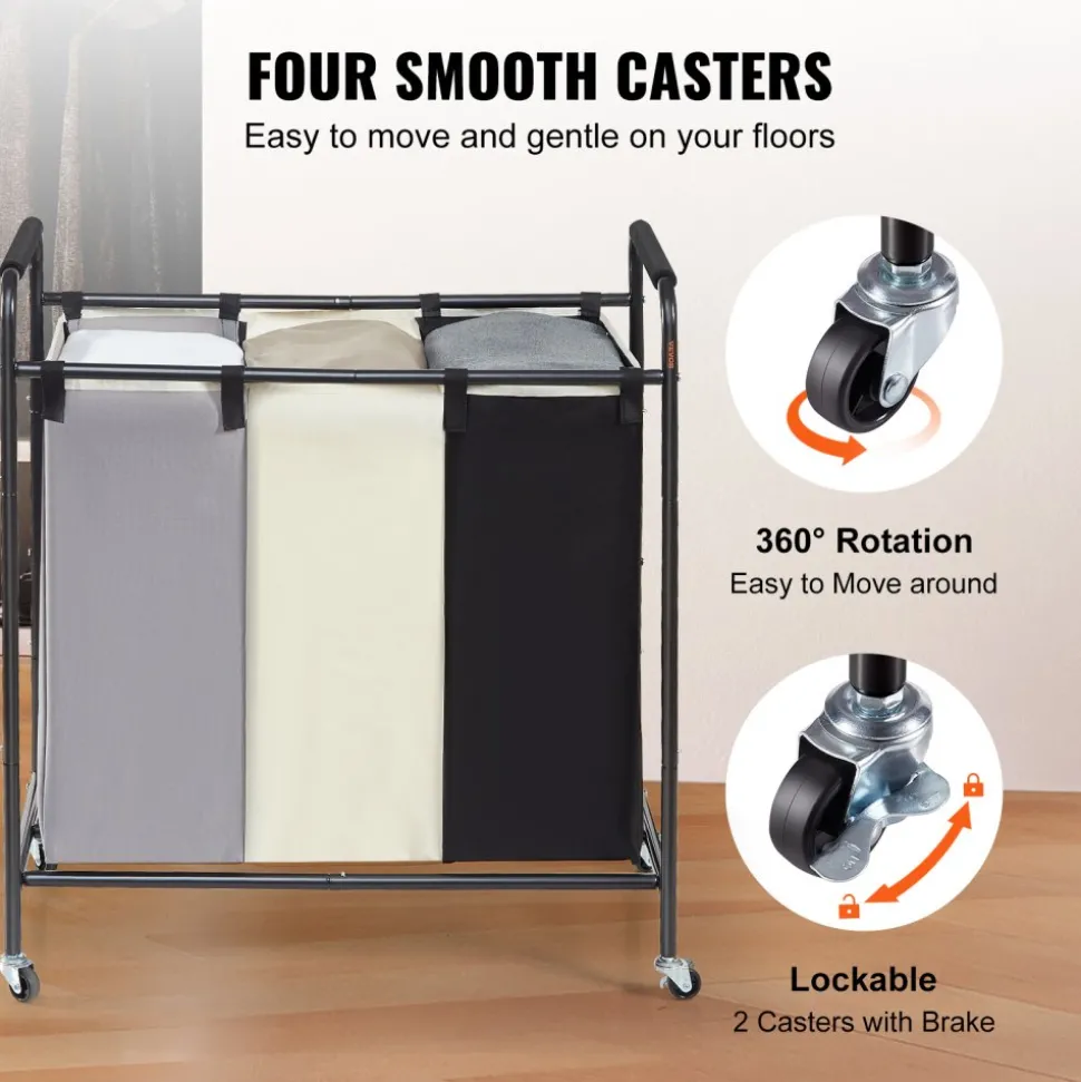 VEVOR 3-Section Laundry Basket, Heavy Duty Laundry Hamper Storage Organizer, Laundry Sorter Cart with Heavy Duty Lockable Wheels for Dirty Clothes in Laundry Room Bedroom