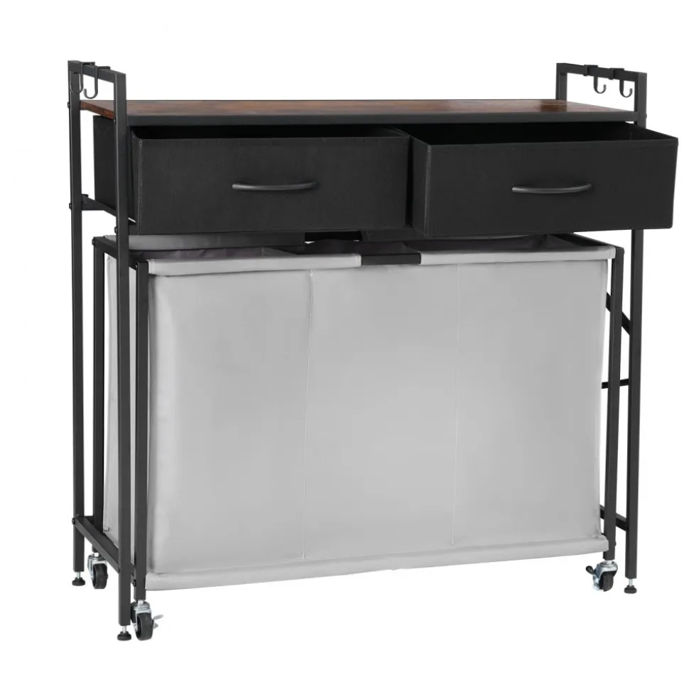 VEVOR 2 Section Laundry Sorter, Large Laundry Hamper with Metal Frame and Wooden Tabletop, Freestanding Storage Organizer Baskets with Pull-Out 600D Oxford Cloth Bags for Dirty Clothes, Bathroom
