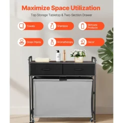 VEVOR 2 Section Laundry Sorter, Large Laundry Hamper with Metal Frame and Wooden Tabletop, Freestanding Storage Organizer Baskets with Pull-Out 600D Oxford Cloth Bags for Dirty Clothes, Bathroom
