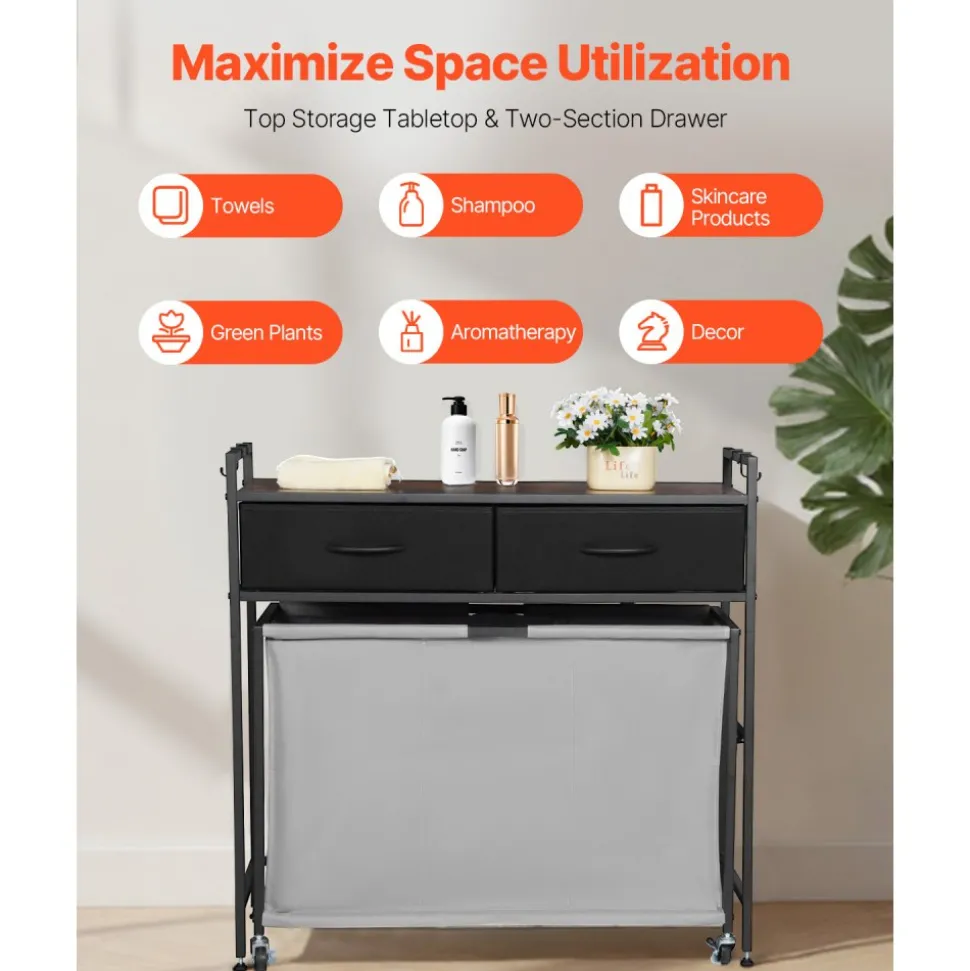 VEVOR 2 Section Laundry Sorter, Large Laundry Hamper with Metal Frame and Wooden Tabletop, Freestanding Storage Organizer Baskets with Pull-Out 600D Oxford Cloth Bags for Dirty Clothes, Bathroom