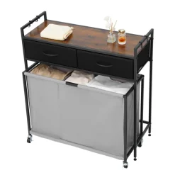 VEVOR 2 Section Laundry Sorter, Large Laundry Hamper with Metal Frame and Wooden Tabletop, Freestanding Storage Organizer Baskets with Pull-Out 600D Oxford Cloth Bags for Dirty Clothes, Bathroom