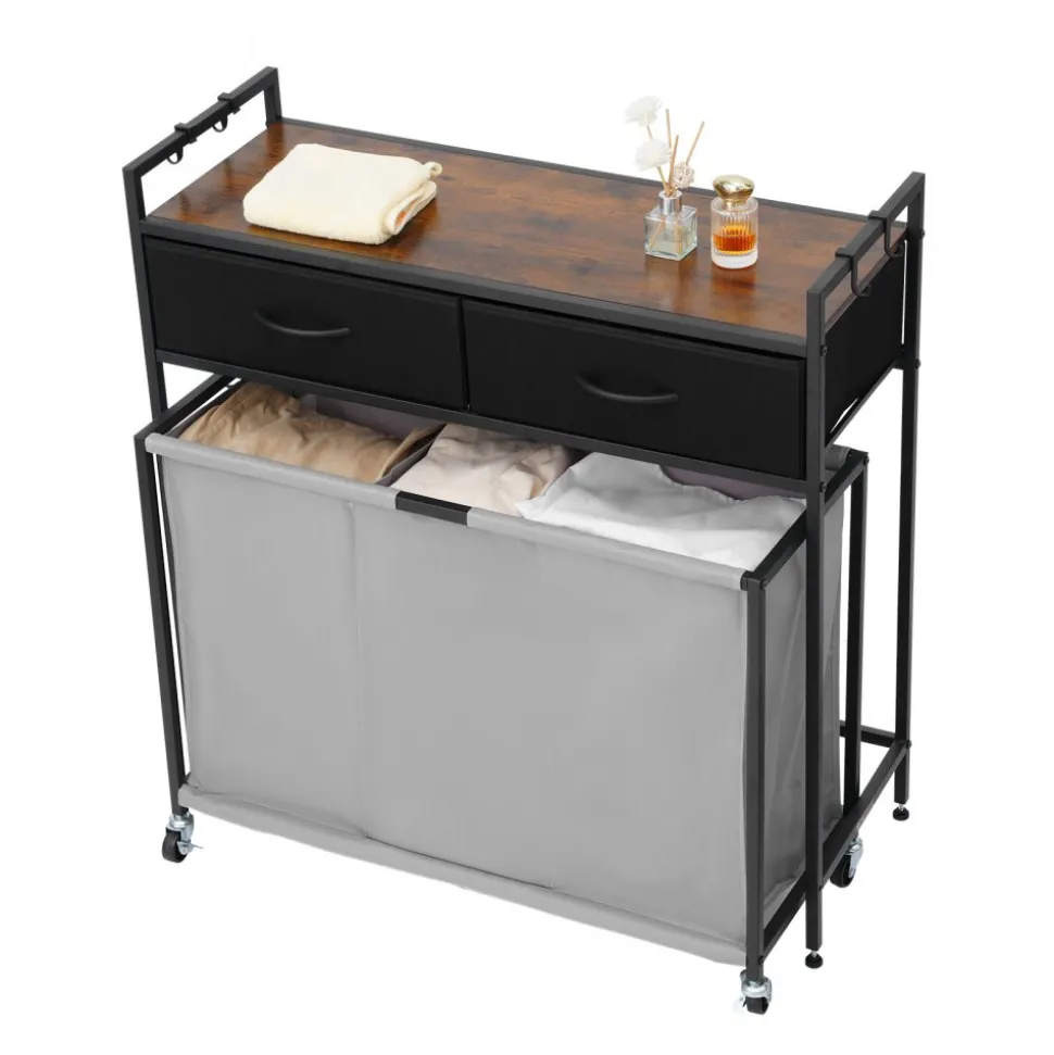 VEVOR 2 Section Laundry Sorter, Large Laundry Hamper with Metal Frame and Wooden Tabletop, Freestanding Storage Organizer Baskets with Pull-Out 600D Oxford Cloth Bags for Dirty Clothes, Bathroom