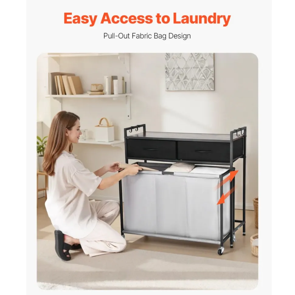 VEVOR 2 Section Laundry Sorter, Large Laundry Hamper with Metal Frame and Wooden Tabletop, Freestanding Storage Organizer Baskets with Pull-Out 600D Oxford Cloth Bags for Dirty Clothes, Bathroom