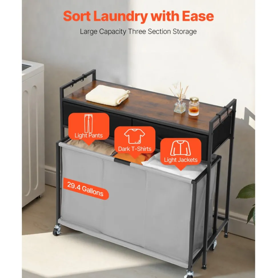 VEVOR 2 Section Laundry Sorter, Large Laundry Hamper with Metal Frame and Wooden Tabletop, Freestanding Storage Organizer Baskets with Pull-Out 600D Oxford Cloth Bags for Dirty Clothes, Bathroom