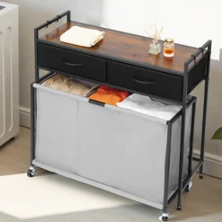 VEVOR 2 Section Laundry Sorter, Large Laundry Hamper with Metal Frame and Wooden Tabletop, Freestanding Storage Organizer Baskets with Pull-Out 600D Oxford Cloth Bags for Dirty Clothes, Bathroom