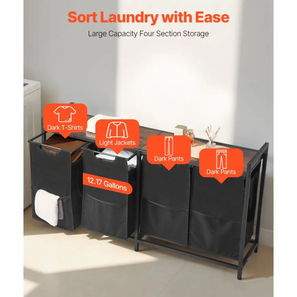 VEVOR 4 Section Laundry Sorter, Large Laundry Hamper with Metal Frame and Wooden Tabletop, Freestanding Storage Organizer Baskets with Pull-Out 600D Oxford Cloth Bags for Dirty Clothes, Bathroom