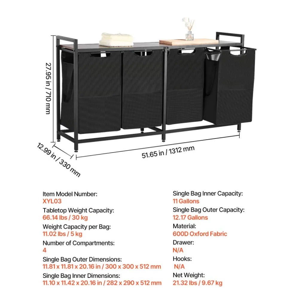 VEVOR 4 Section Laundry Sorter, Large Laundry Hamper with Metal Frame and Wooden Tabletop, Freestanding Storage Organizer Baskets with Pull-Out 600D Oxford Cloth Bags for Dirty Clothes, Bathroom