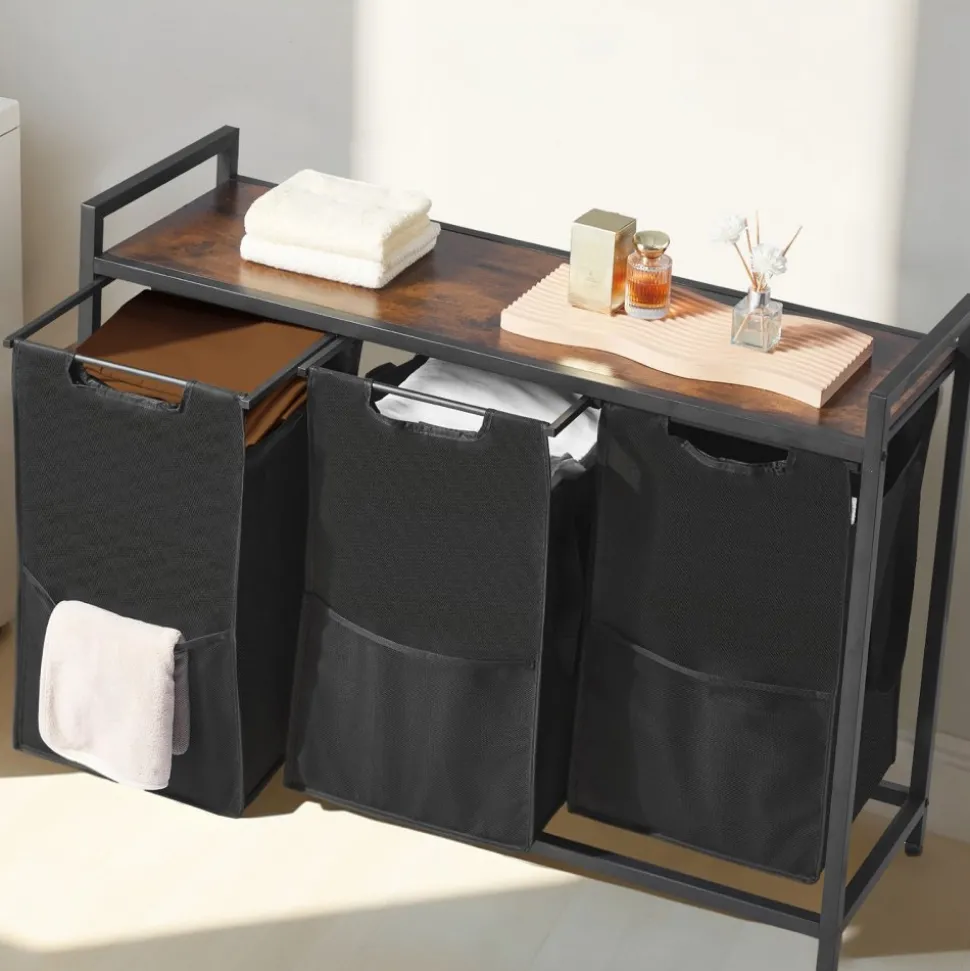 VEVOR 3 Section Laundry Sorter, Large Laundry Hamper with Metal Frame and Wooden Tabletop, Freestanding Storage Organizer Baskets with Pull-Out 600D Oxford Cloth Bags for Dirty Clothes, Bathroom