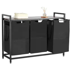 VEVOR 3 Section Laundry Sorter, Large Laundry Hamper with Metal Frame and Wooden Tabletop, Freestanding Storage Organizer Baskets with Pull-Out 600D Oxford Cloth Bags for Dirty Clothes, Bathroom