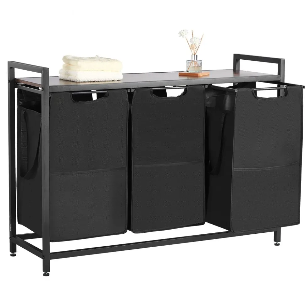 VEVOR 3 Section Laundry Sorter, Large Laundry Hamper with Metal Frame and Wooden Tabletop, Freestanding Storage Organizer Baskets with Pull-Out 600D Oxford Cloth Bags for Dirty Clothes, Bathroom