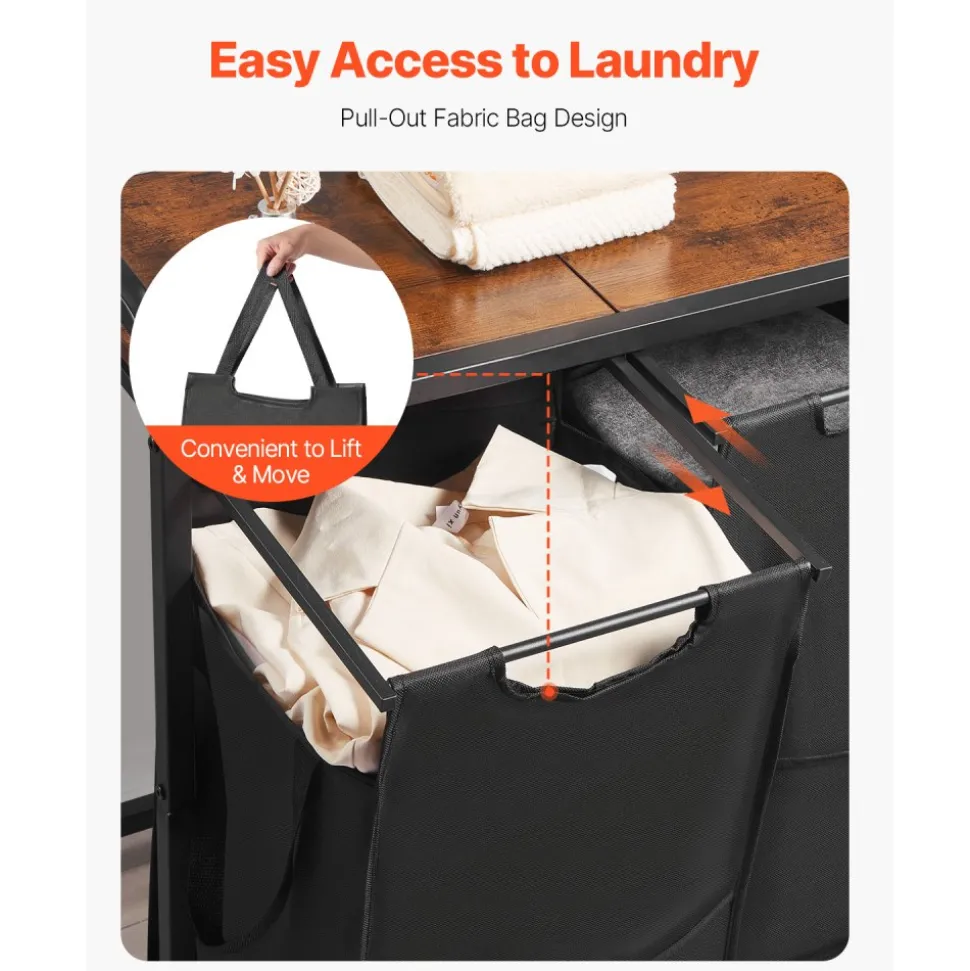 VEVOR 3 Section Laundry Sorter, Large Laundry Hamper with Metal Frame and Wooden Tabletop, Freestanding Storage Organizer Baskets with Pull-Out 600D Oxford Cloth Bags for Dirty Clothes, Bathroom
